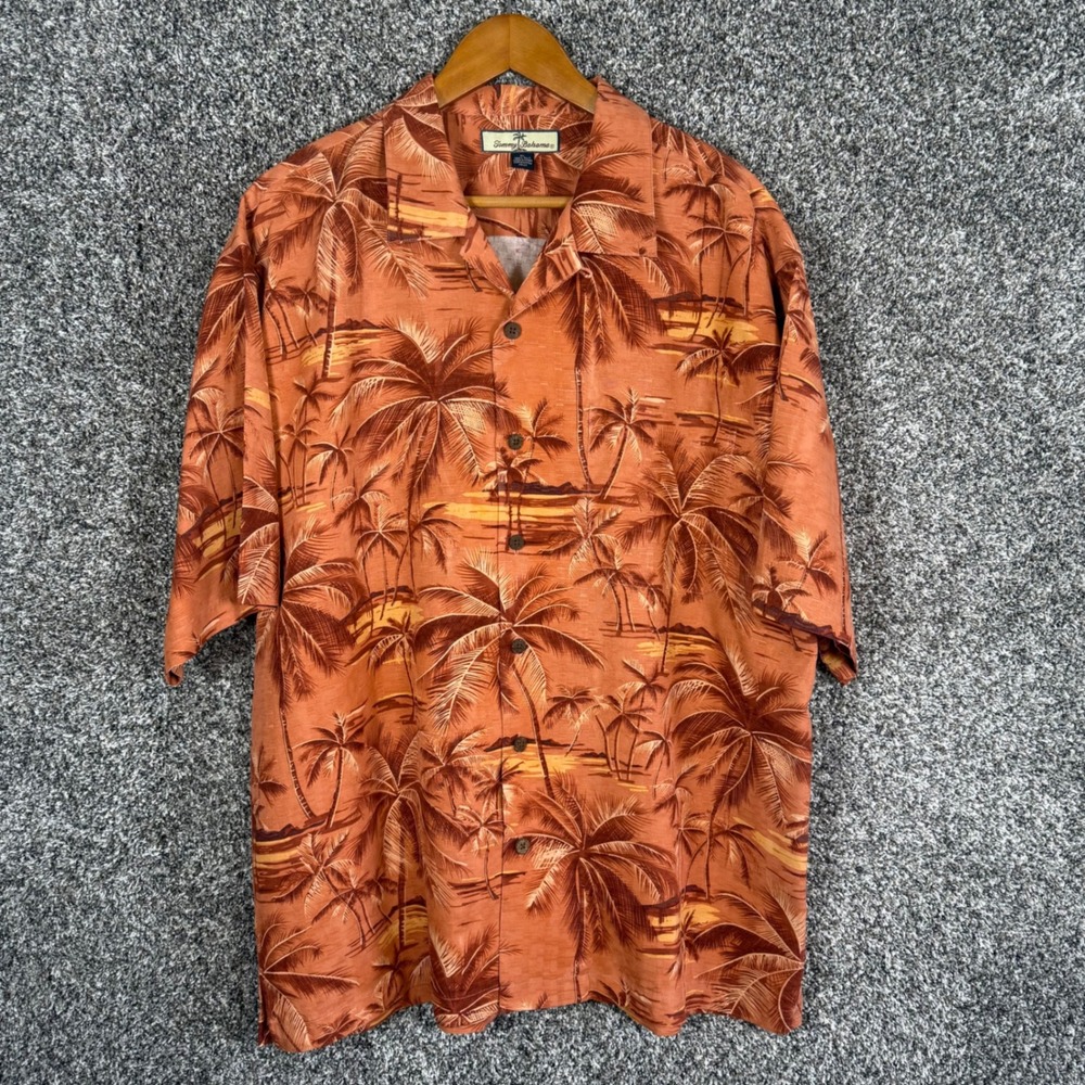 VTG Tommy Bahama Mens XL Silk Palm Tree Sunset Camp Shirt Orange Short Sleeve - Picture 1 of 10